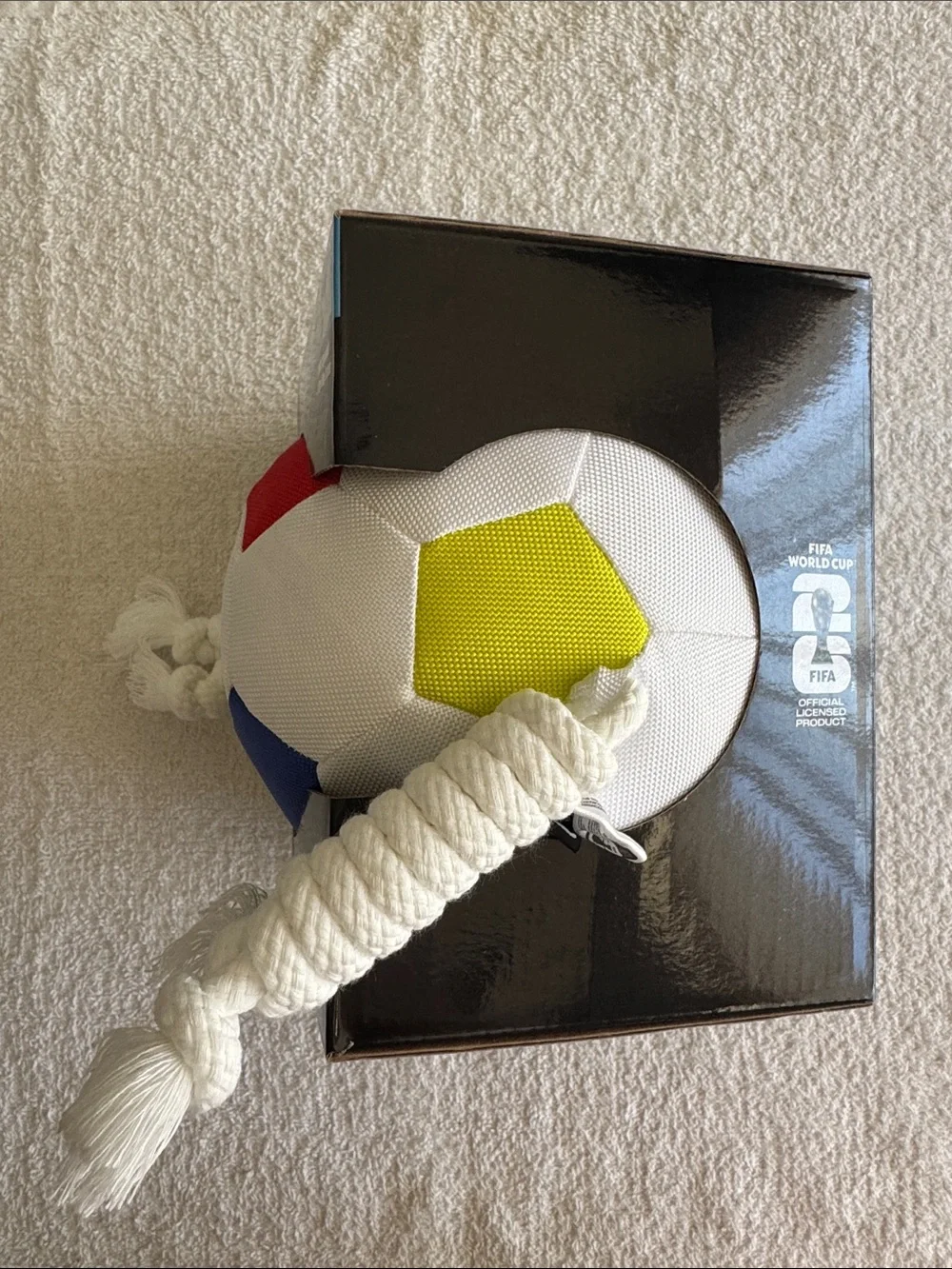 FIFA Soccer Ball with Rope White, Red & Yellow Dog Tug Toy